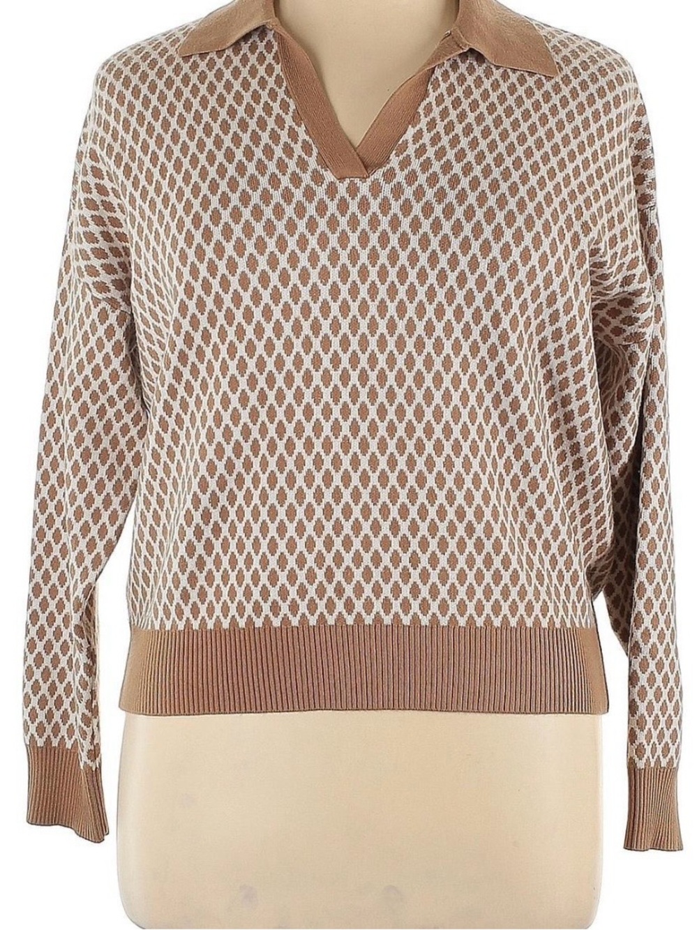 T Tahari Women's Taupe and Cream Knit Polo Sweater